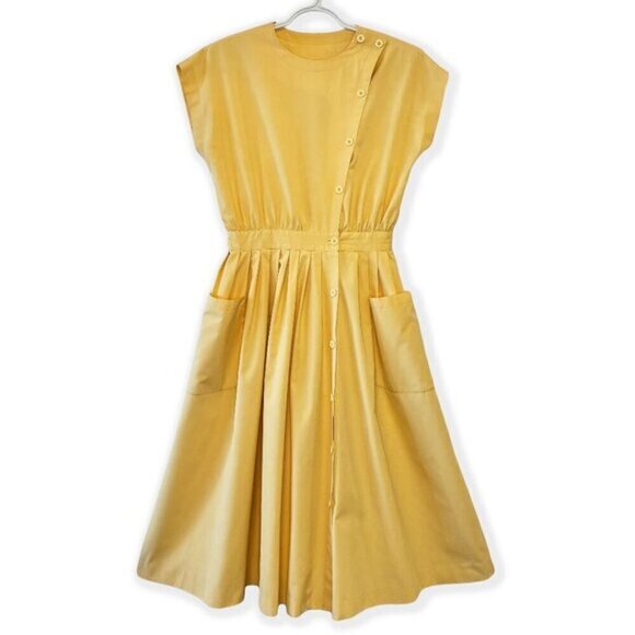 Vintage 70s Rouie Yellow Button-Up Dress with Pockets | Retro Housewife Style - Picture 1 of 8